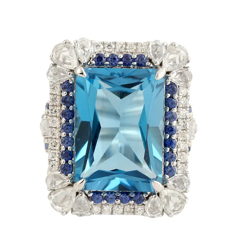 Topaz And Blue Sapphire Cocktail Ring With Pavé Diamond Detail In 18K White Gold 1