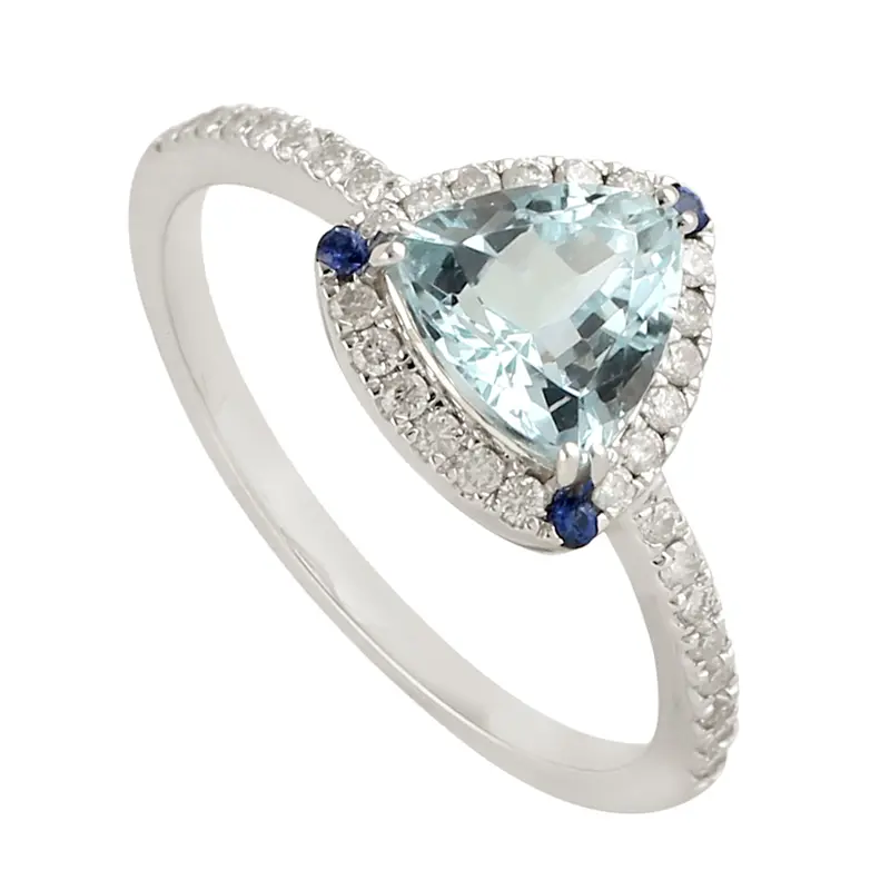 Trillion Aquamarine And Sapphire Ring With Diamond Pavé In 18K White Gold 1