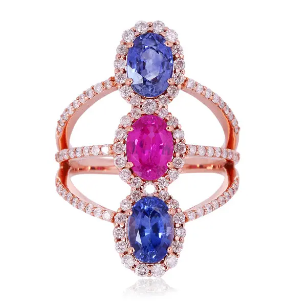 Vertical Three-Stone Sapphire Ring With Diamond Halo In 18K Rose Gold 1