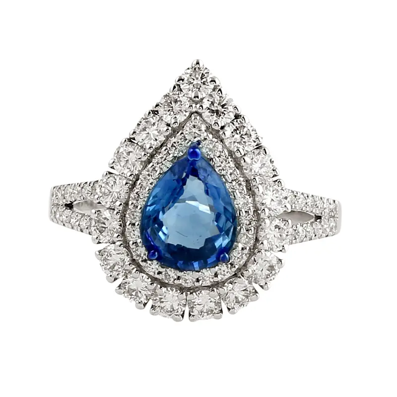 White Gold Double-Halo Ring Featuring Pear-Cut Blue Sapphire And Diamond Accenting 1