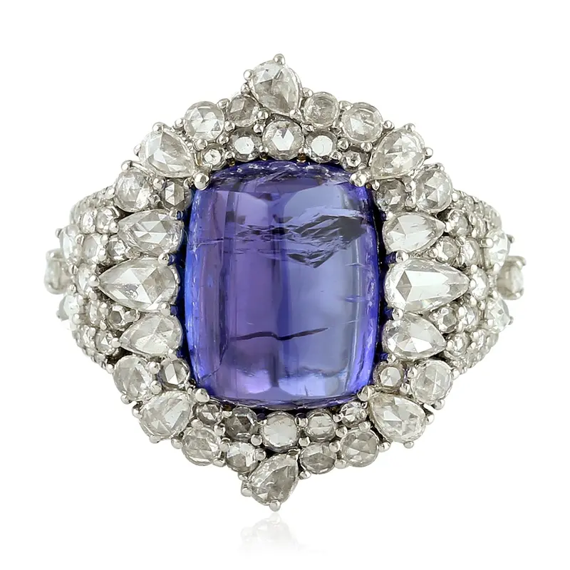 White Gold Tanzanite Cocktail Ring With Cushion Cut Gemstone And Rose Diamonds 1