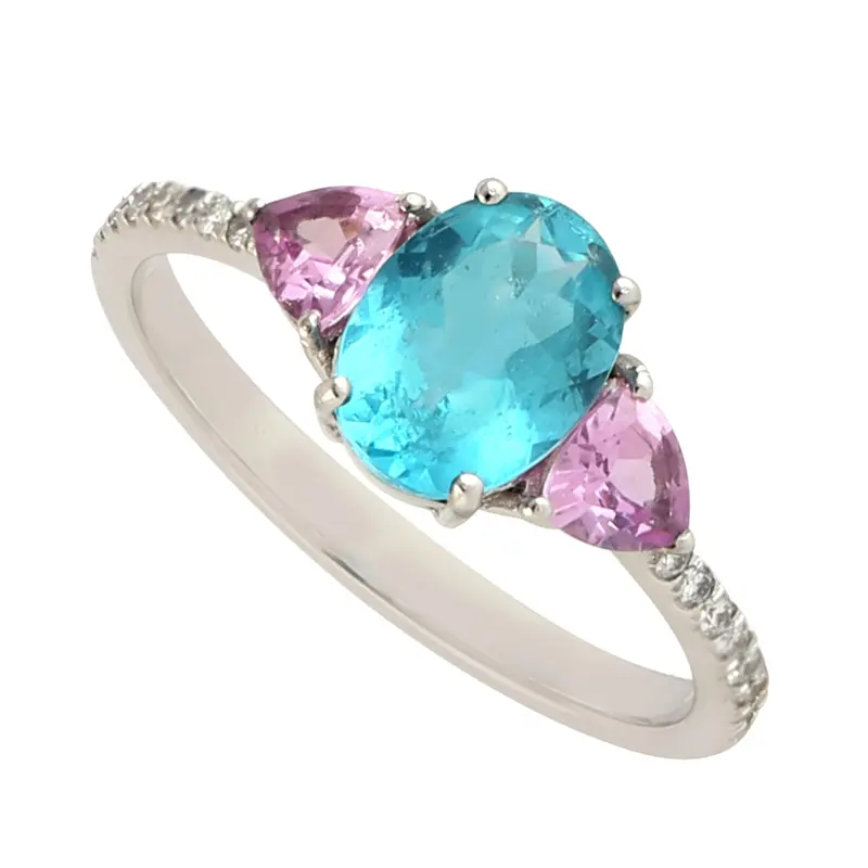 White Gold Three-Stone Ring With Oval Apatite, Pink Sapphires & Diamond Settings 1