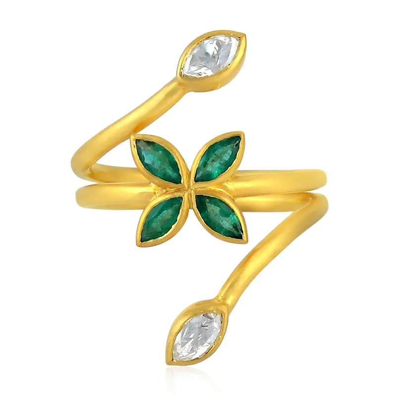 Women'S Emerald And Rose-Cut Diamond Spiral Ring In 18K Yellow Gold 1