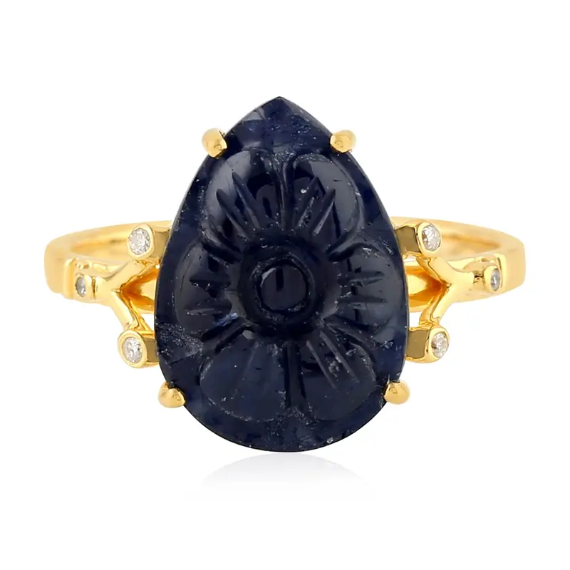 Yellow Gold Carved Pear-Shaped Blue Sapphire Ring With Bezel-Set Diamonds And Floral Motif 1