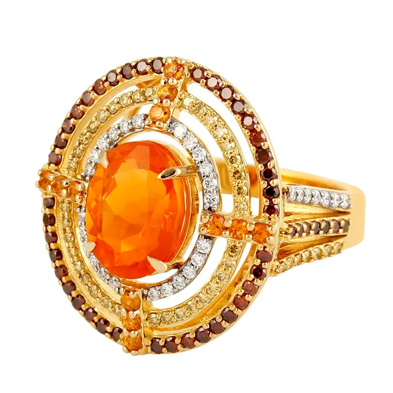 Yellow Gold Engagement Ring With Fire Opal, Mandarin Garnet, And Pavé Diamonds 1