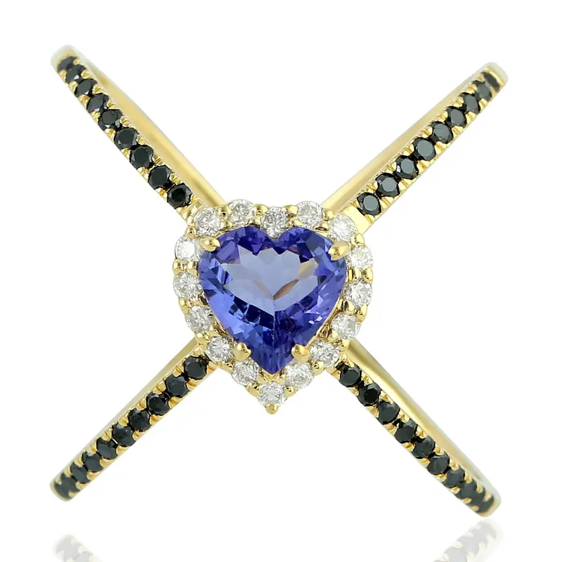 Yellow Gold Heart Ring Featuring Tanzanite Center And Diamond Pave Border 1