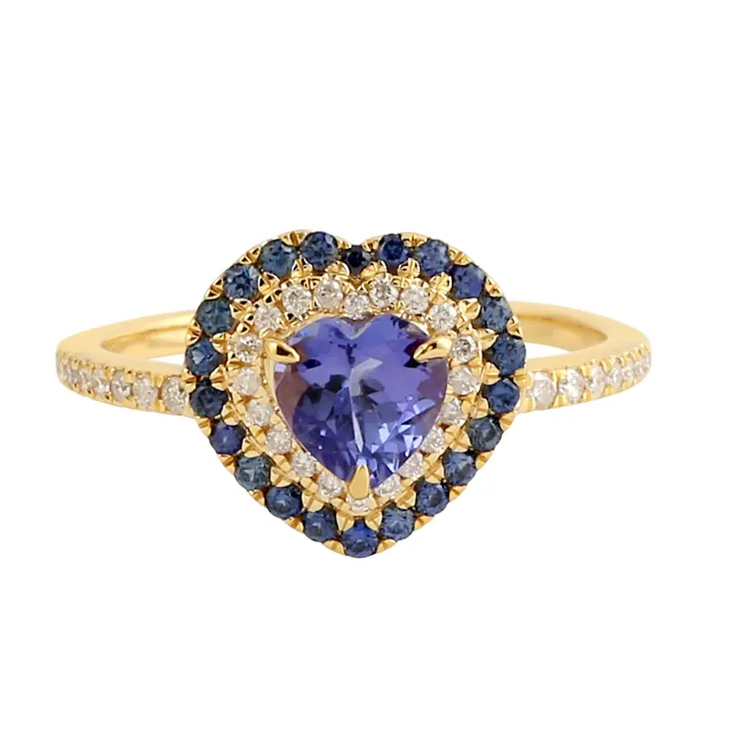 Yellow Gold Heart Ring With Tanzanite, Blue Sapphire, And Pavé Diamonds – Meaningful Gift For Her 1