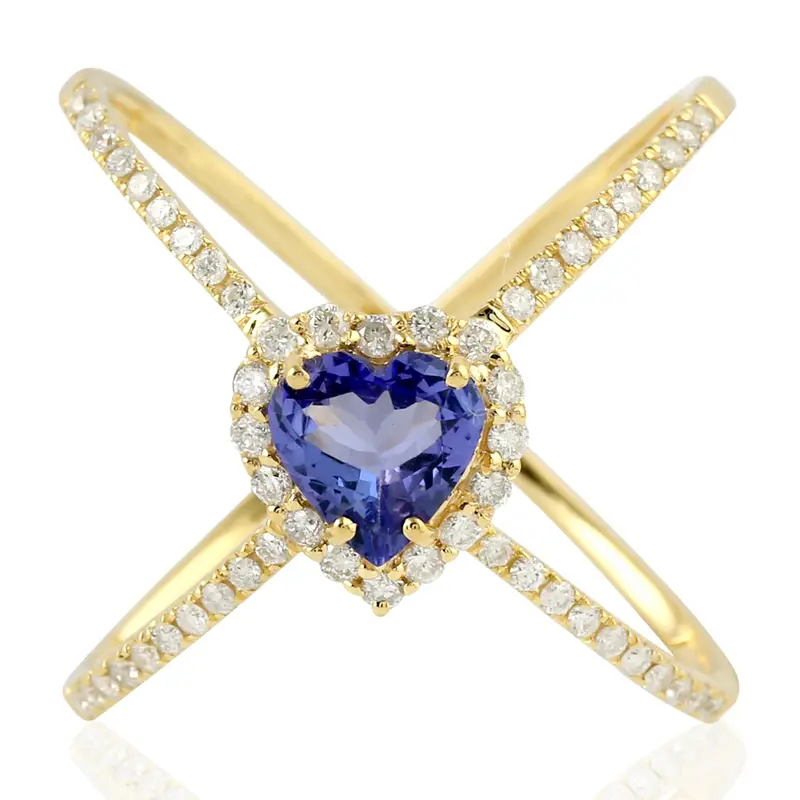 Yellow Gold Heart-Shaped Ring Set With Tanzanite And Pave Diamonds 1
