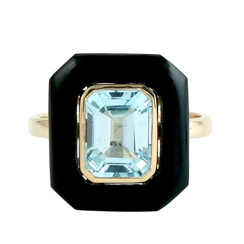 Yellow Gold Ring Featuring Black Onyx And Emerald-Cut Blue Topaz 1