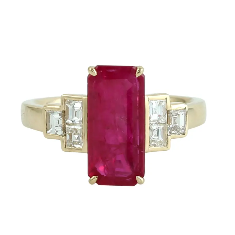 Yellow Gold Ring Featuring Emerald-Cut Ruby And Step-Cut Diamond Pairing 1
