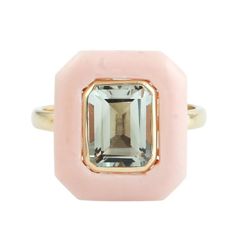 Yellow Gold Ring Featuring Pink Opal And Emerald-Cut Green Amethyst Center Stone 1