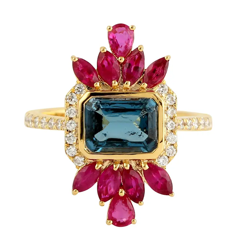Yellow Gold Ring Featuring Ruby, London Blue Topaz, And Pavé Diamonds 1