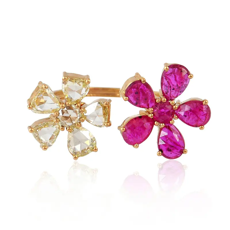 Yellow Gold Rose Cut Diamond & Pear Ruby Between-Finger Ring 1