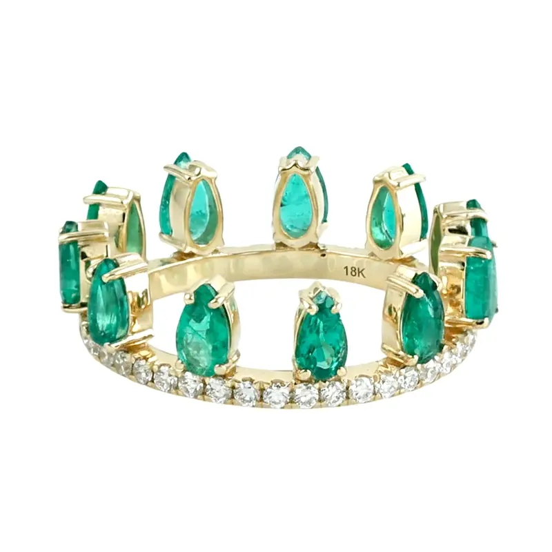 Yellow Gold Tiara Band Ring Set With Emerald And Diamond Details 1