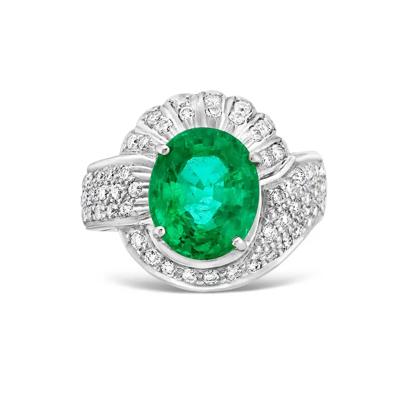 Zambian Oval Emerald Cocktail Ring With Pavé Diamond Accent In 18K White Gold 1